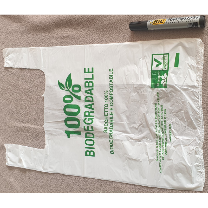 SACHET A BRETELLES PLASTIQUE BLANC BIODEGRADABLE 28+12x48 cm 1x100 soit 100 PCS