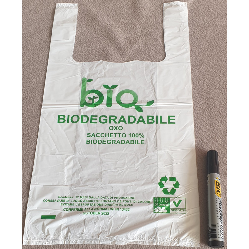 SACHET A BRETELLES PLASTIQUE BLANC BIODEGRADABLE 25+12x45 cm 1x100 soit 100 PCS