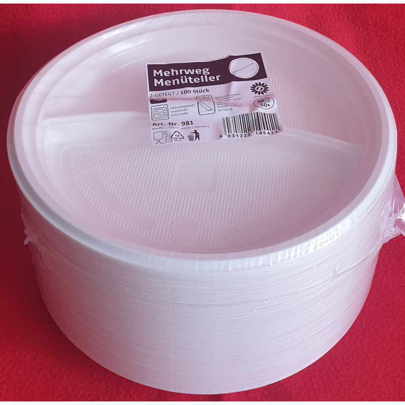 ASSIETTE EN PLASTIQUE BLANC 2 COMPARTIMENTS LES 100 PCS